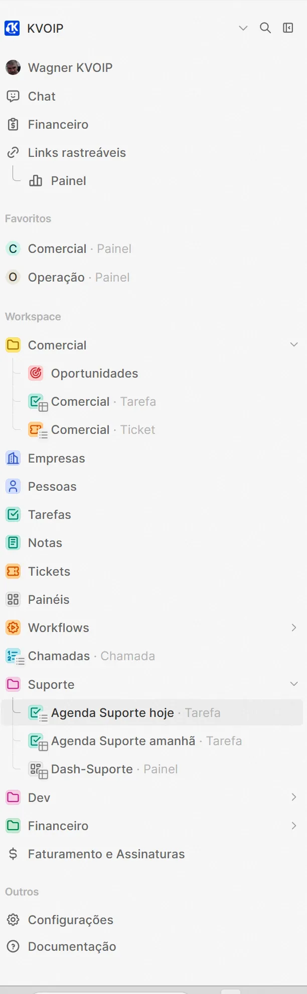 Menu do workspace Woulz montado com as áreas e cadastros da empresa