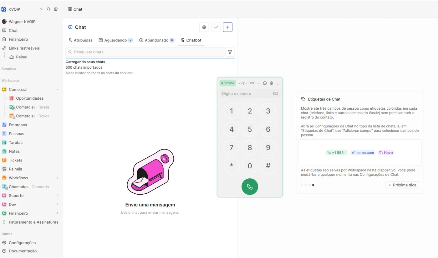 Softphone dentro do CRM recebendo a ligação de um número internacional